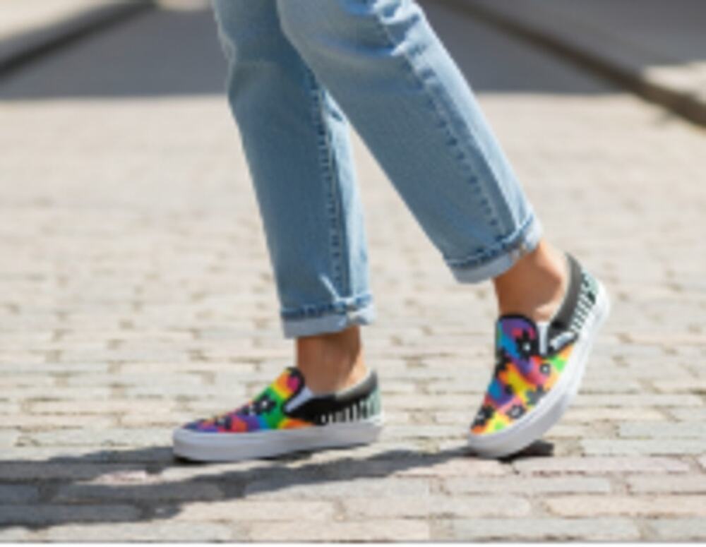Vans Hand Painted Colorful Psychedelic Black Flower Print Womens 8.5 Slip On